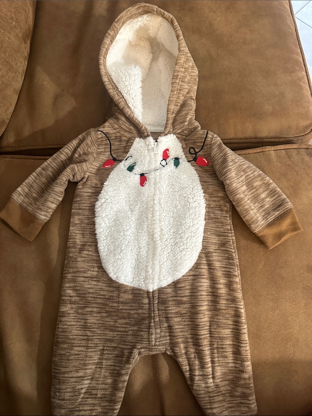 Carter's Brown Hooded Sherpa Front Baby One-Piece with Light Appliques